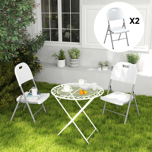 Outsunny Folding Chair Set of 2 with Steel Frame, Outdoor Chair Set with HDPE Backrest, Seat and Handles for Mobility Patio Deck Balcony, White