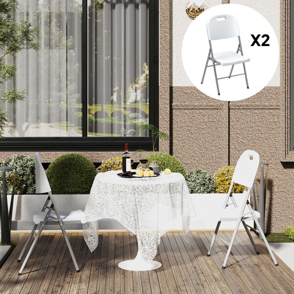 Outsunny Folding Chair Set of 2 with Steel Frame, Outdoor Chair Set with HDPE Backrest, Seat and Handles for Mobility Patio Deck Balcony, White
