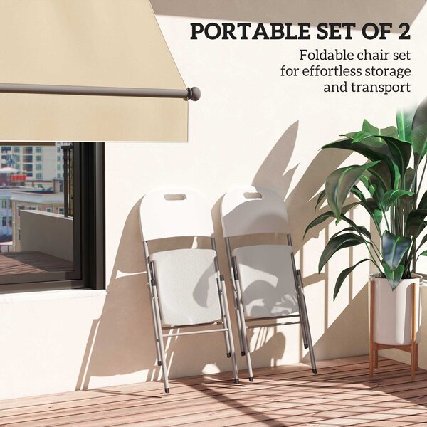 Outsunny Folding Chair Set of 2 with Steel Frame, Outdoor Chair Set with HDPE Backrest, Seat and Handles for Mobility Patio Deck Balcony, White