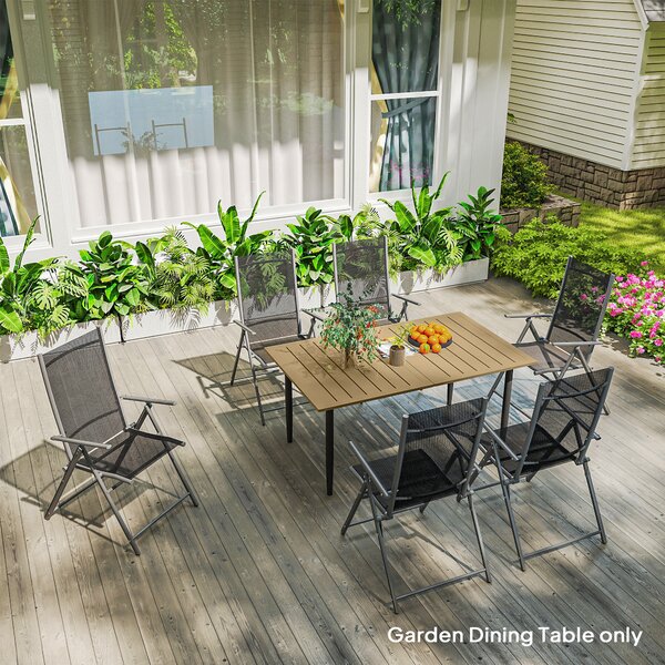 Outsunny Garden Dining Table for 6 Person, Rectangle Outdoor Coffee Table with 5 cm Parasol Hole, Slatted Tabletop and Steel Frame for Patio Balcony, Brown