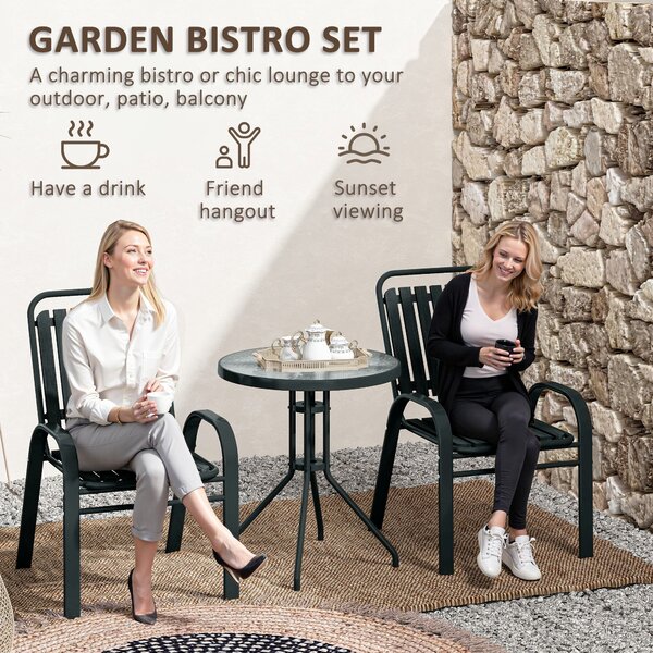 Outsunny 3 Piece Bistro Set, Outdoor Patio Table & Stackable Chairs with Tempered Glass Top, Space Saving Garden Furniture, Charcoal Grey Aosom UK