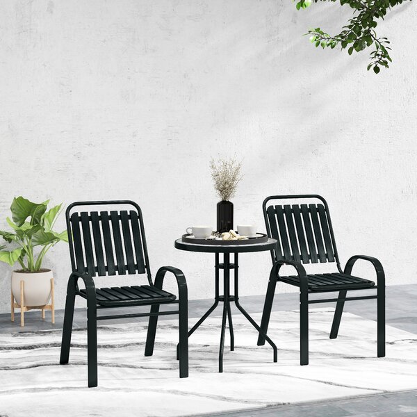 Outsunny 3 Piece Bistro Set, Outdoor Patio Table & Stackable Chairs with Tempered Glass Top, Space Saving Garden Furniture, Charcoal Grey Aosom UK