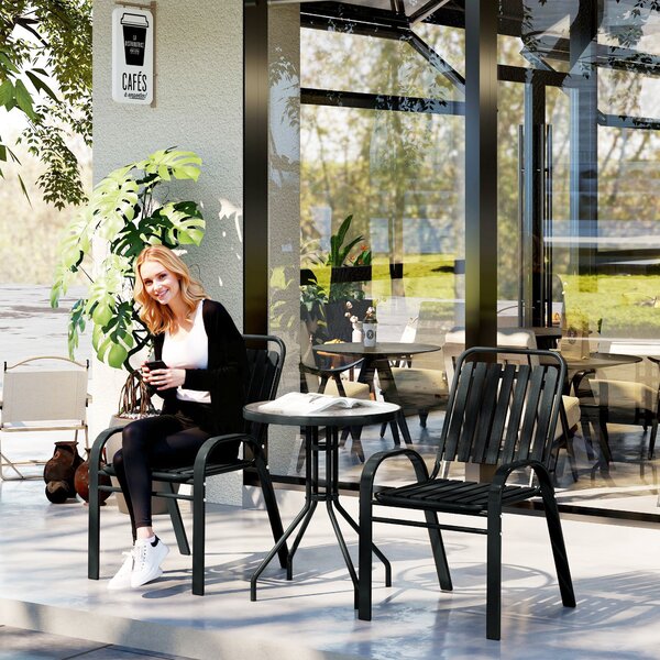 Outsunny 3 Piece Bistro Set, Outdoor Patio Table & Stackable Chairs with Tempered Glass Top, Space Saving Garden Furniture, Charcoal Grey Aosom UK
