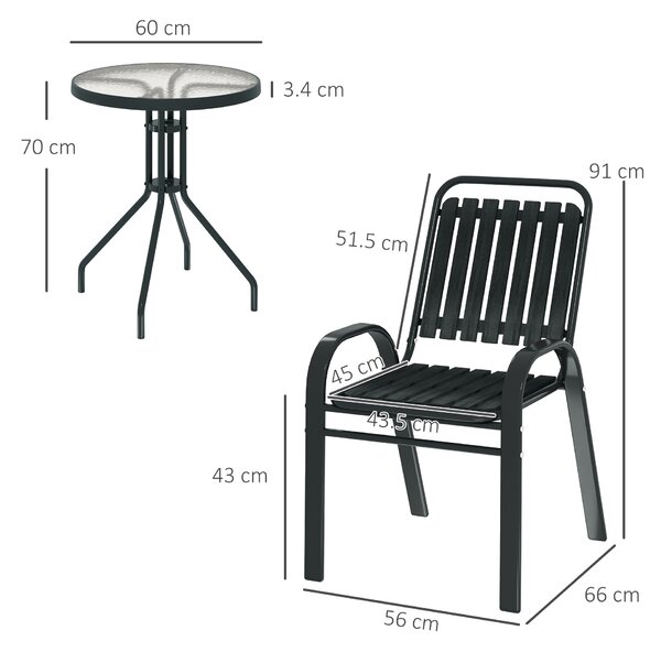Outsunny 3 Piece Bistro Set, Outdoor Patio Table & Stackable Chairs with Tempered Glass Top, Space Saving Garden Furniture, Charcoal Grey Aosom UK