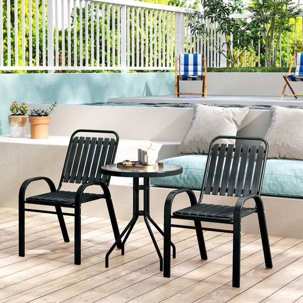 Outsunny 3 Piece Bistro Set, Outdoor Patio Table & Stackable Chairs with Tempered Glass Top, Space Saving Garden Furniture, Charcoal Grey Aosom UK