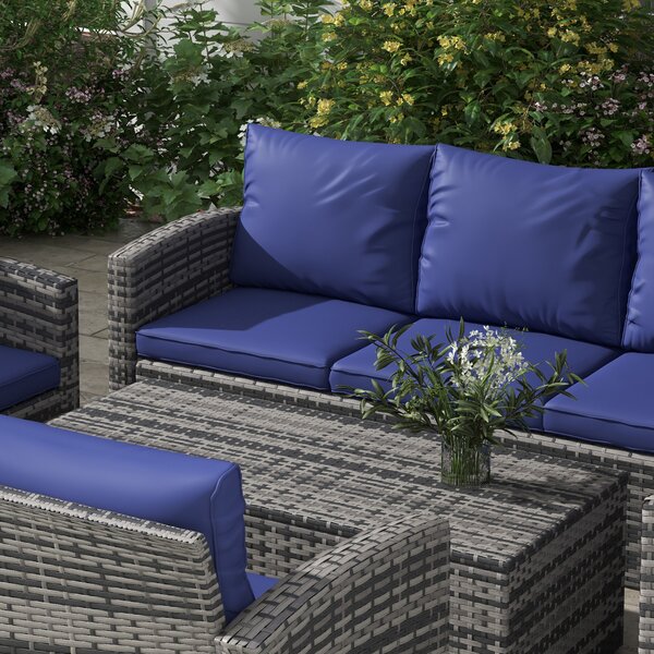 Outsunny 6 Pieces Rattan Garden Furniture Set, 7 Seater Wicker Outdoor Furniture Set with Storage Tea Table, Side Table, Cushions, Navy Blue