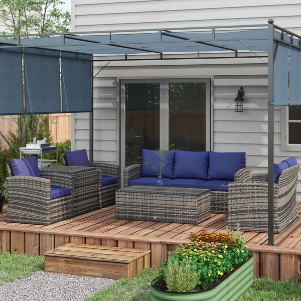 Outsunny 6 Pieces Rattan Garden Furniture Set, 7 Seater Wicker Outdoor Furniture Set with Storage Tea Table, Side Table, Cushions, Navy Blue