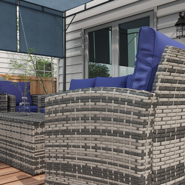 Outsunny 6 Pieces Rattan Garden Furniture Set, 7 Seater Wicker Outdoor Furniture Set with Storage Tea Table, Side Table, Cushions, Navy Blue