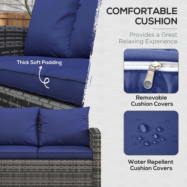 Outsunny 6 Pieces Rattan Garden Furniture Set, 7 Seater Wicker Outdoor Furniture Set with Storage Tea Table, Side Table, Cushions, Navy Blue