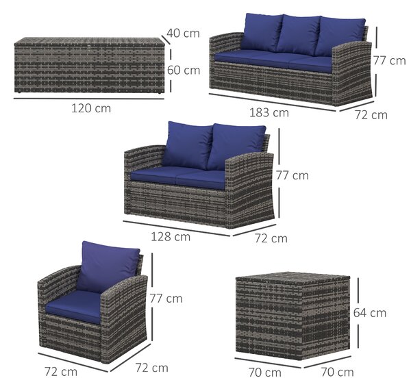 Outsunny 6 Pieces Rattan Garden Furniture Set, 7 Seater Wicker Outdoor Furniture Set with Storage Tea Table, Side Table, Cushions, Navy Blue