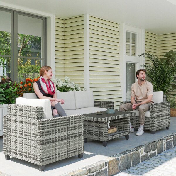 Outsunny 6 Pieces Rattan Garden Furniture Set, 5 Seater Wicker Outdoor Furniture Set with 2 Armchairs, Steel Frame Coffee Table and Cushions for Balcony, Porch, Light Grey