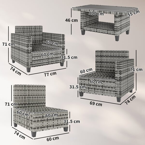 Outsunny 6 Pieces Rattan Garden Furniture Set, 5 Seater Wicker Outdoor Furniture Set with 2 Armchairs, Steel Frame Coffee Table and Cushions for Balcony, Porch, Light Grey