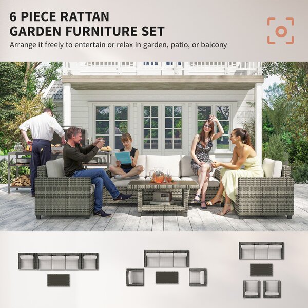 Outsunny 6 Pieces Rattan Garden Furniture Set, 5 Seater Wicker Outdoor Furniture Set with 2 Armchairs, Steel Frame Coffee Table and Cushions for Balcony, Porch, Light Grey