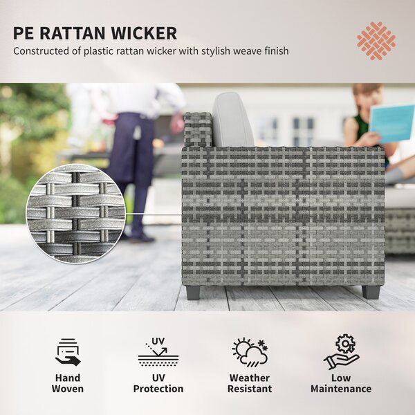 Outsunny 6 Pieces Rattan Garden Furniture Set, 5 Seater Wicker Outdoor Furniture Set with 2 Armchairs, Steel Frame Coffee Table and Cushions for Balcony, Porch, Light Grey