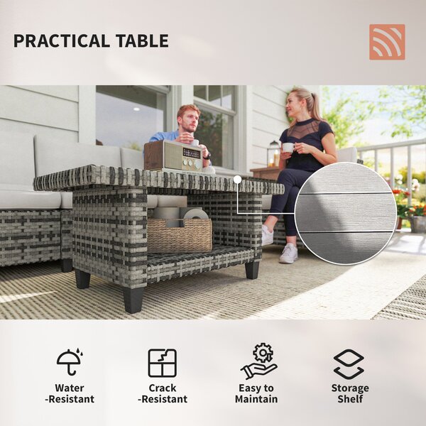 Outsunny 6 Pieces Rattan Garden Furniture Set, 5 Seater Wicker Outdoor Furniture Set with 2 Armchairs, Steel Frame Coffee Table and Cushions for Balcony, Porch, Light Grey
