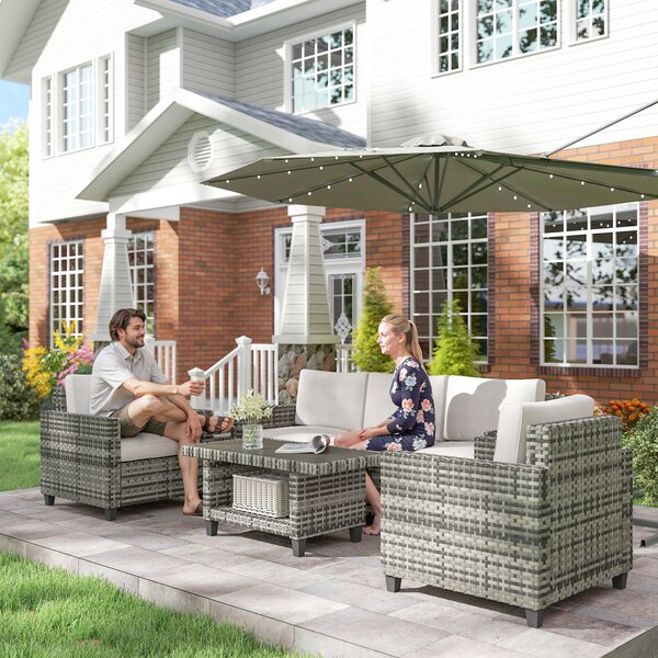 Outsunny 6 Pieces Rattan Garden Furniture Set, 5 Seater Wicker Outdoor Furniture Set with 2 Armchairs, Steel Frame Coffee Table and Cushions for Balcony, Porch, Light Grey