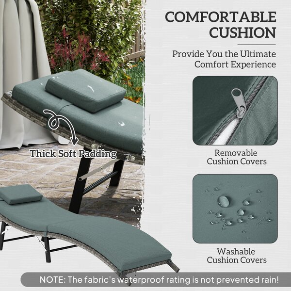 Outsunny Rattan Folding Sun Lounger Outdoor Chair with Cushion and Pillow Mixed Grey