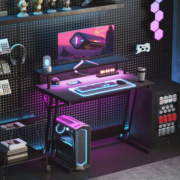 HOMCOM Gaming Desk with LED Lights and Power Outlets, 100 x 60cm Z Shaped Computer Desk with Monitor Stand and Steel Frame for Home Office, Black