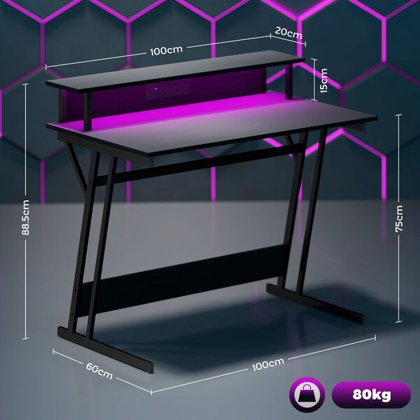 HOMCOM Gaming Desk with LED Lights and Power Outlets, 100 x 60cm Z Shaped Computer Desk with Monitor Stand and Steel Frame for Home Office, Black