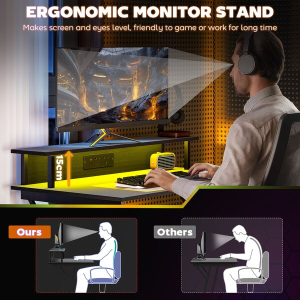 HOMCOM Gaming Desk with LED Lights and Power Outlets, 100 x 60cm Z Shaped Computer Desk with Monitor Stand and Steel Frame for Home Office, Black