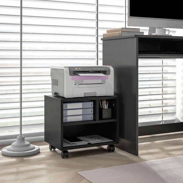 HOMCOM 2-Tier Printer Stand with Storage, Under Desk Printer Cart on Wheels with 3 Compartments, Desktop Printer Table for Office, Black Aosom UK