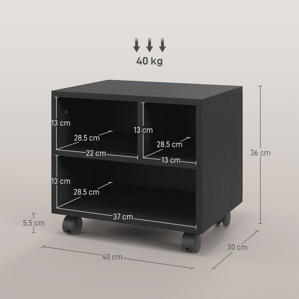 HOMCOM 2-Tier Printer Stand with Storage, Under Desk Printer Cart on Wheels with 3 Compartments, Desktop Printer Table for Office, Black Aosom UK