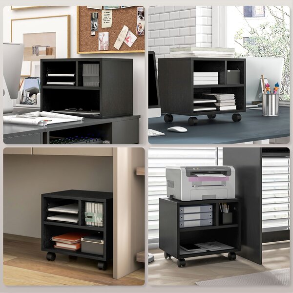 HOMCOM 2-Tier Printer Stand with Storage, Under Desk Printer Cart on Wheels with 3 Compartments, Desktop Printer Table for Office, Black Aosom UK