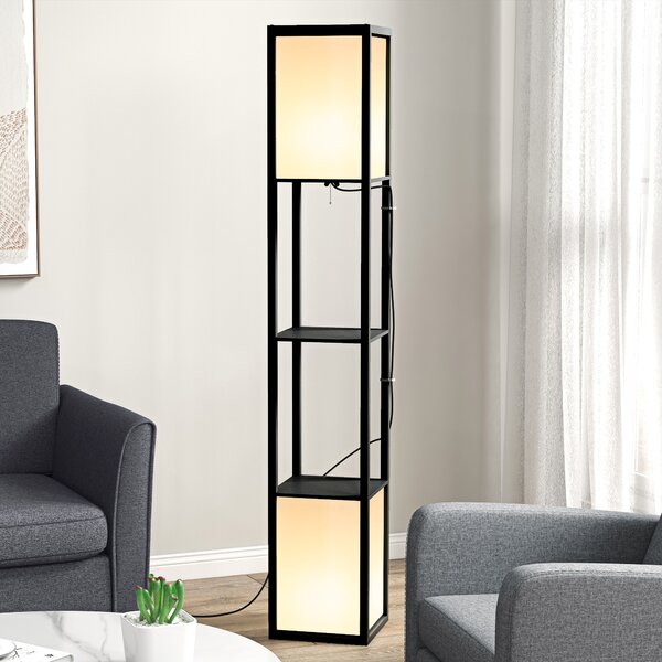HOMCOM Floor Lamp with Shelves, Floor Standing Lamp with Dual Ambient Light and Two Shelves, for Living Room, Bedroom, Black Aosom UK