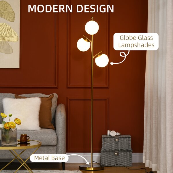 HOMCOM 3-Light Tree Floor Lamps for Living Room, Modern Standing Lamp for Bedroom w/ Globe Lampshade, Steel Base, Gold Tone Aosom UK