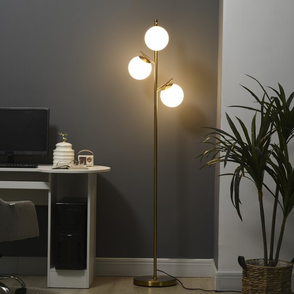 HOMCOM 3-Light Tree Floor Lamps for Living Room, Modern Standing Lamp for Bedroom w/ Globe Lampshade, Steel Base, Gold Tone Aosom UK