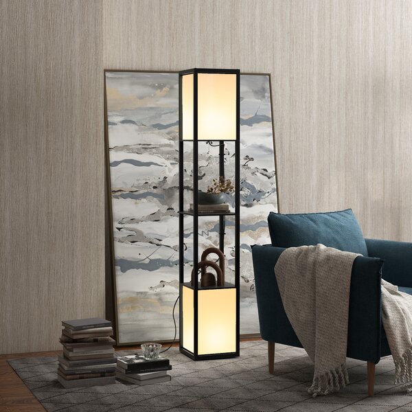 HOMCOM Floor Lamp with Shelves, Floor Standing Lamp with Dual Ambient Light and Two Shelves, for Living Room, Bedroom, Black Aosom UK