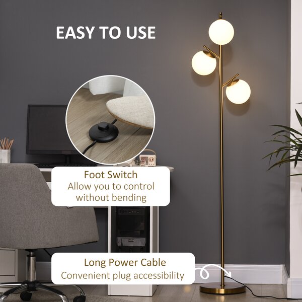 HOMCOM 3-Light Tree Floor Lamps for Living Room, Modern Standing Lamp for Bedroom w/ Globe Lampshade, Steel Base, Gold Tone Aosom UK