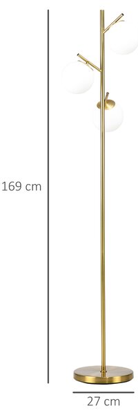 HOMCOM 3-Light Tree Floor Lamps for Living Room, Modern Standing Lamp for Bedroom w/ Globe Lampshade, Steel Base, Gold Tone Aosom UK