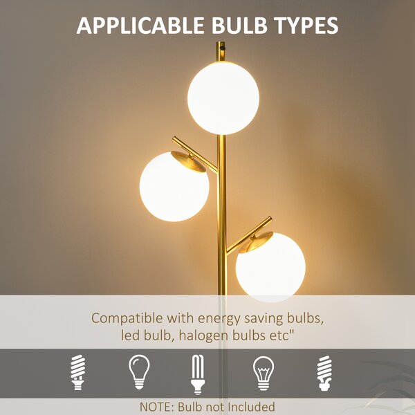 HOMCOM 3-Light Tree Floor Lamps for Living Room, Modern Standing Lamp for Bedroom w/ Globe Lampshade, Steel Base, Gold Tone Aosom UK