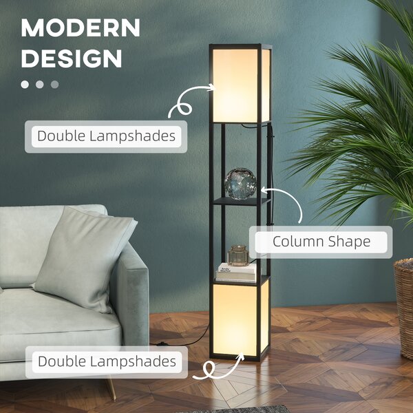 HOMCOM Floor Lamp with Shelves, Floor Standing Lamp with Dual Ambient Light and Two Shelves, for Living Room, Bedroom, Black Aosom UK