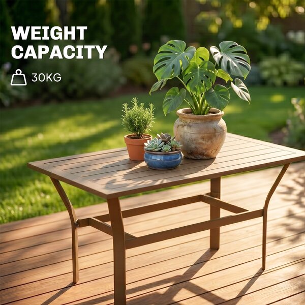 Outsunny Metal Garden Coffee Table, Rectangular Outdoor Side Table with Slatted Tabletop, Foot Pads for Outside, Garden, Balcony, Porch, 91.5 x 55 x 45cm, Brown