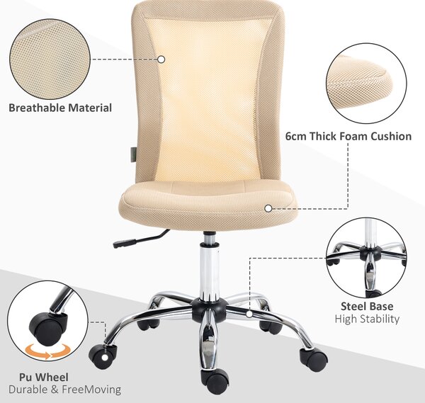 Vinsetto Computer Desk Chair, Mesh Office Chair with Adjustable Height and Swivel Wheels, Armless Study Chair, Beige Aosom UK