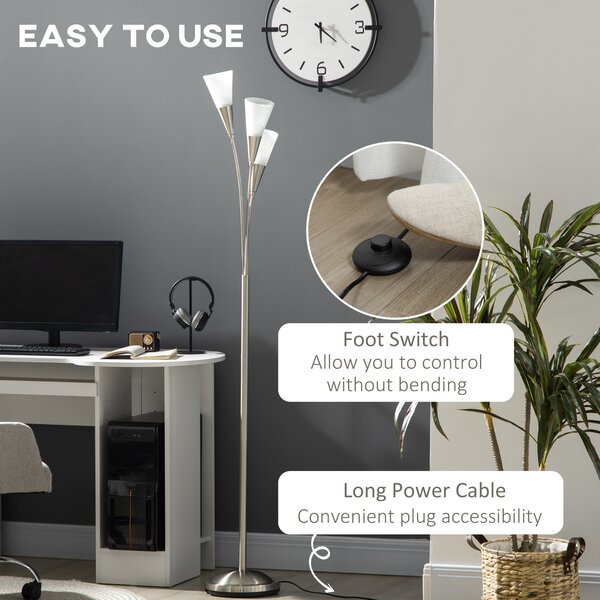 HOMCOM Modern Floor Lights with 3-Light Upright Design, Foot Switch, Steel Frame, Floor Standing Lamp for Living Room & Bedroom, Silver Aosom UK