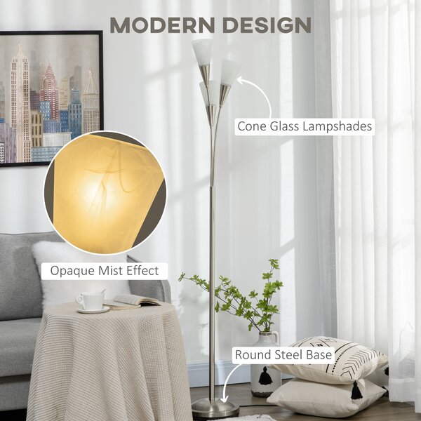 HOMCOM Modern Floor Lights with 3-Light Upright Design, Foot Switch, Steel Frame, Floor Standing Lamp for Living Room & Bedroom, Silver Aosom UK
