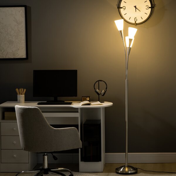 HOMCOM Modern Floor Lights with 3-Light Upright Design, Foot Switch, Steel Frame, Floor Standing Lamp for Living Room & Bedroom, Silver Aosom UK