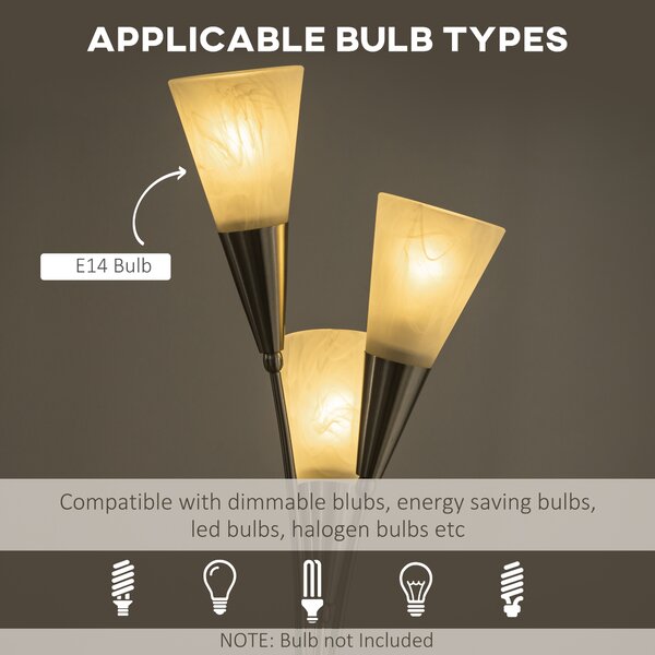 HOMCOM Modern Floor Lights with 3-Light Upright Design, Foot Switch, Steel Frame, Floor Standing Lamp for Living Room & Bedroom, Silver Aosom UK