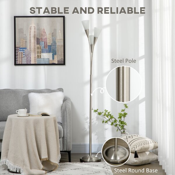 HOMCOM Modern Floor Lights with 3-Light Upright Design, Foot Switch, Steel Frame, Floor Standing Lamp for Living Room & Bedroom, Silver Aosom UK