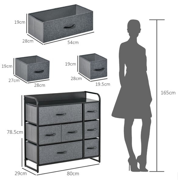 HOMCOM Chest of Drawers with 7 Foldable Drawers, 3-Tier Fabric Bedroom Dresser, Clothes Storage Unit for Bedroom, Living Room, Grey