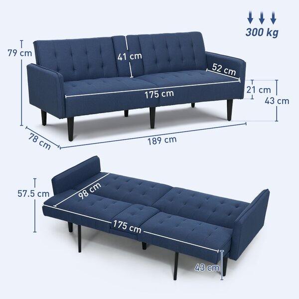 HOMCOM Upholstered Click Clack Sofa Bed, Linen-Feel 3 Seater Sofa Bed with Storage and Cupholders, Dark Blue