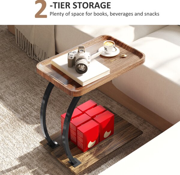 HOMCOM 2-Tier Mobile C-Shaped Side Table - Brown