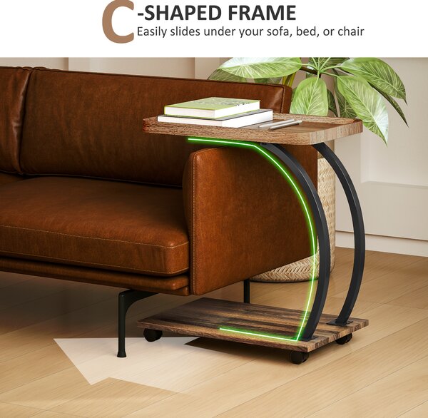 HOMCOM 2-Tier Mobile C-Shaped Side Table - Brown