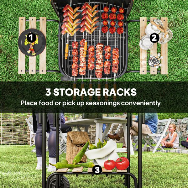 Outsunny Charcoal Barbecue Grill Portable BBQ Grill with 1840 cm² Cooking Area, 3 Shelves, Adjustable Vent, Lockable Lid, Wheels for Outdoor Cooking, Garden Party, Red