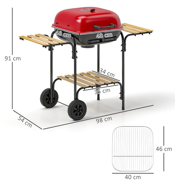 Outsunny Charcoal Barbecue Grill Portable BBQ Grill with 1840 cm² Cooking Area, 3 Shelves, Adjustable Vent, Lockable Lid, Wheels for Outdoor Cooking, Garden Party, Red