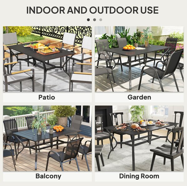 Outsunny Rectangle Garden Dining Table with Parasol Hole, Patio Table with Steel Frame and Slat Tabletop, 150cm x 90cm, Black