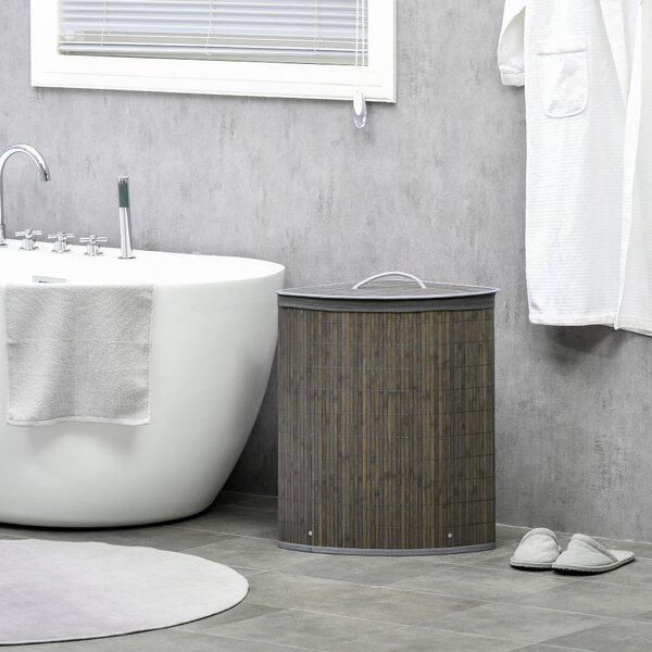 HOMCOM Bamboo Laundry Basket, 55L Corner Hamper with Lid, Removable Liner, Washing Basket, 38 x 38 x 57cm, Grey Aosom UK